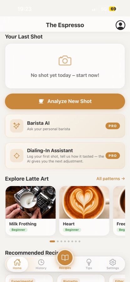 Die The-Espresso-App: Startbildschirm mit Shot-Analyse